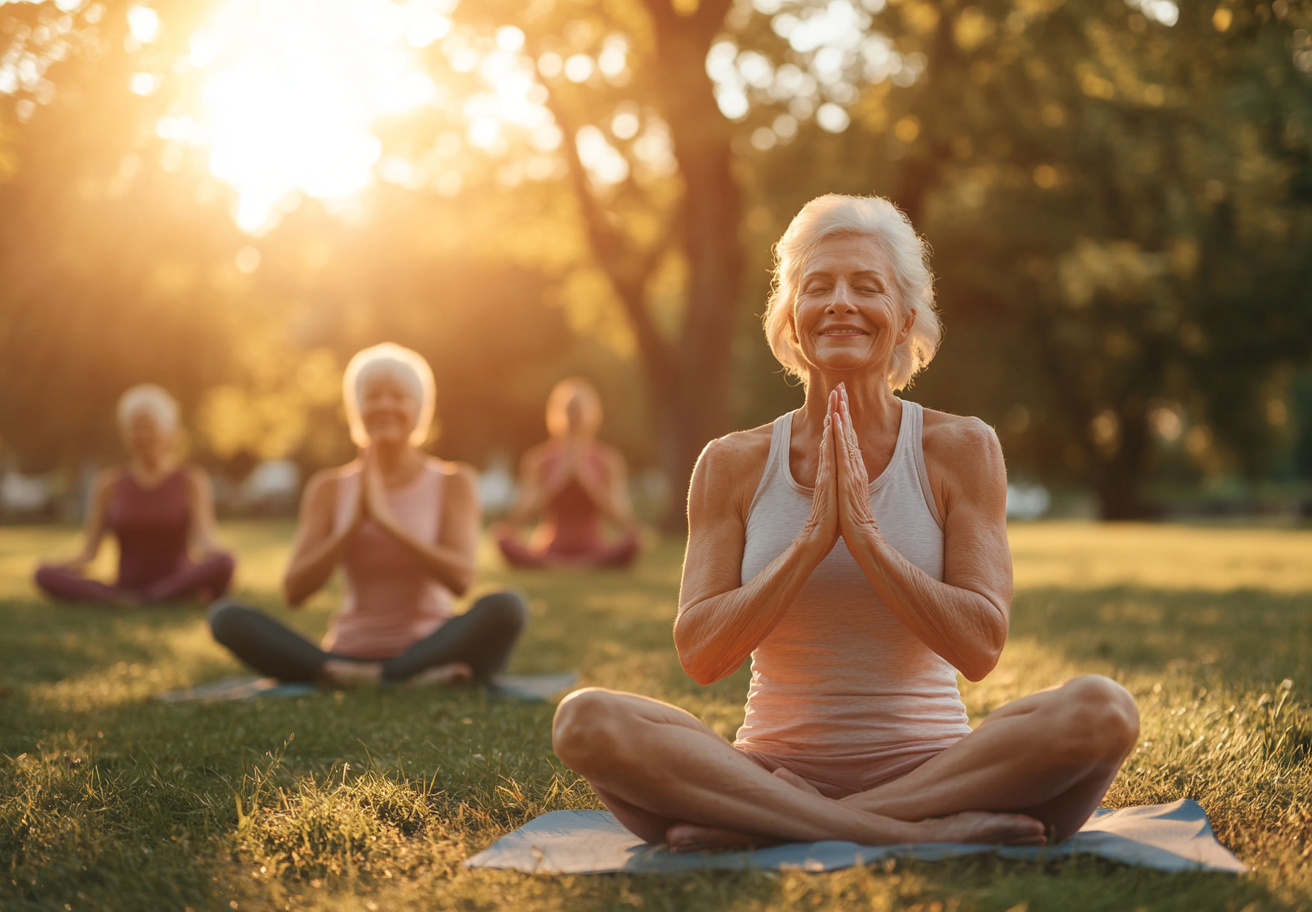 Група людей старшого віку на заняттях йогою